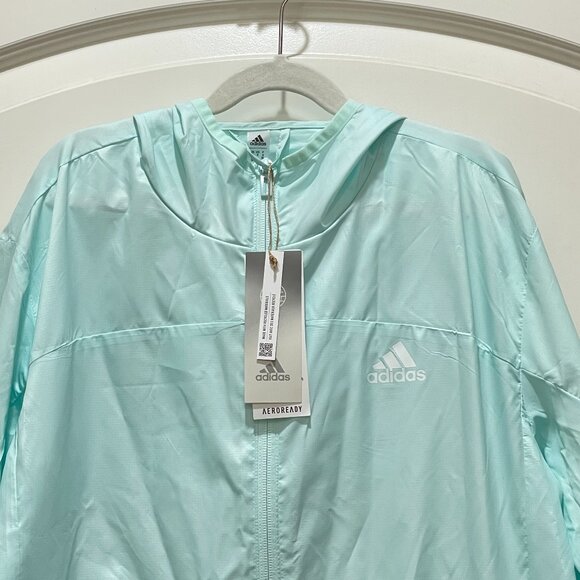 New Adidas Aeroready Jacket Small Full Zip Hood Ice Mint White Lightweight NWT - Picture 3 of 10